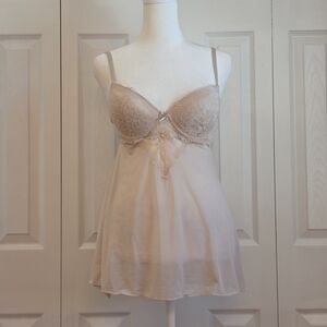 Vintage Y2K Nude Pink Padded Bra Mesh Lace Slip Lingerie Top; Size M, B cup (?)
